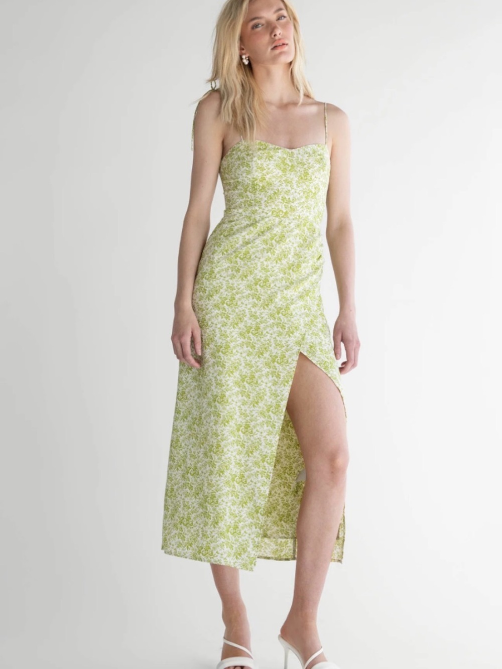Oak + Fort Lime Floral Slip Midi Dress with Side Slit